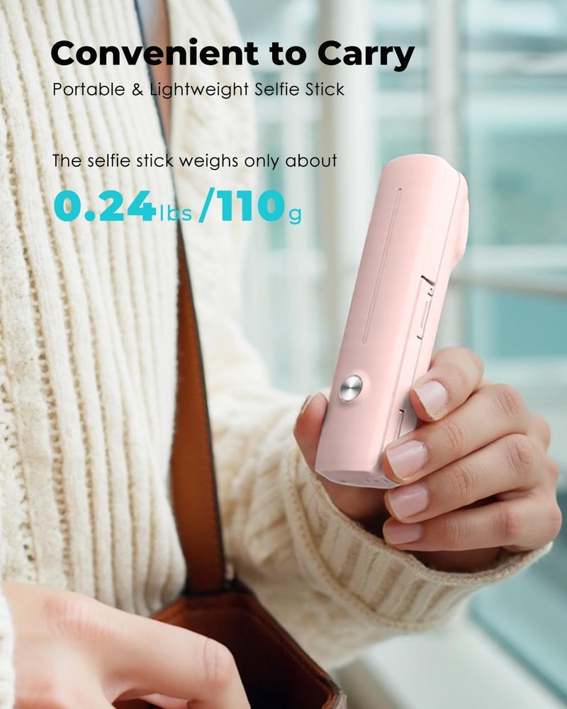 Viozon Portable Selfie Stick, Lightweight Extendable Stainless Steel Tube,All-in-One Compact Selfie Stick with Wireless Remote Compatible with 4-7" iPhone/Android Phones for Vlog/Travel/Filming, Pink - Image 5